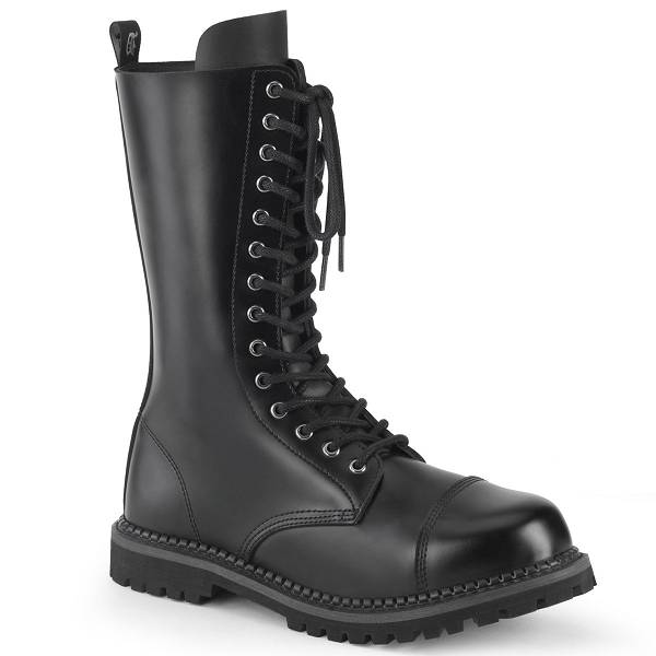 Demonia Riot-14 Black Leather Stiefel Damen D531-786 Gothic Halbhohe Stiefel Schwarz Deutschland SALE
